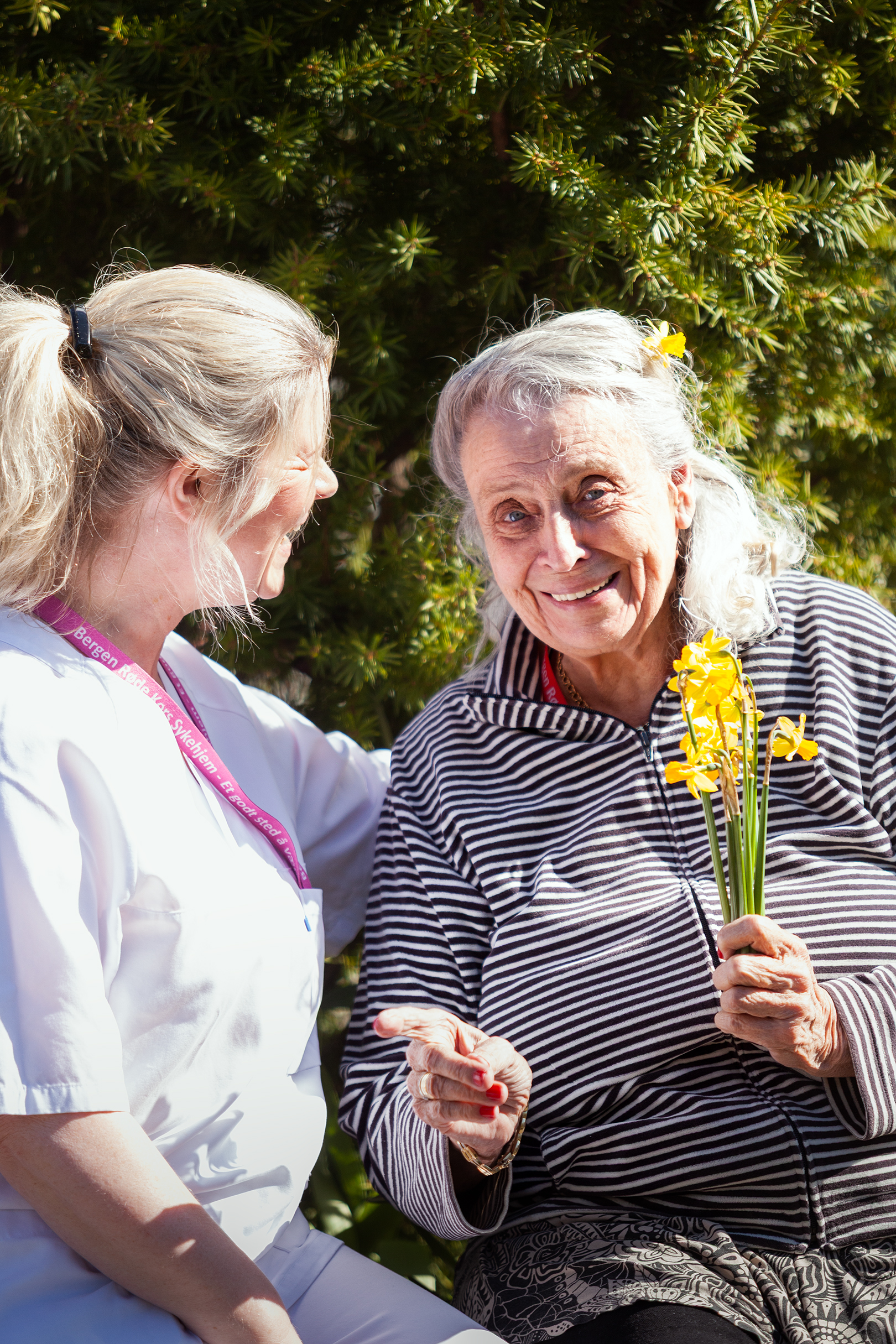 To personer som sitter ved et tre. Den ene personen har plukket gule blomster.
