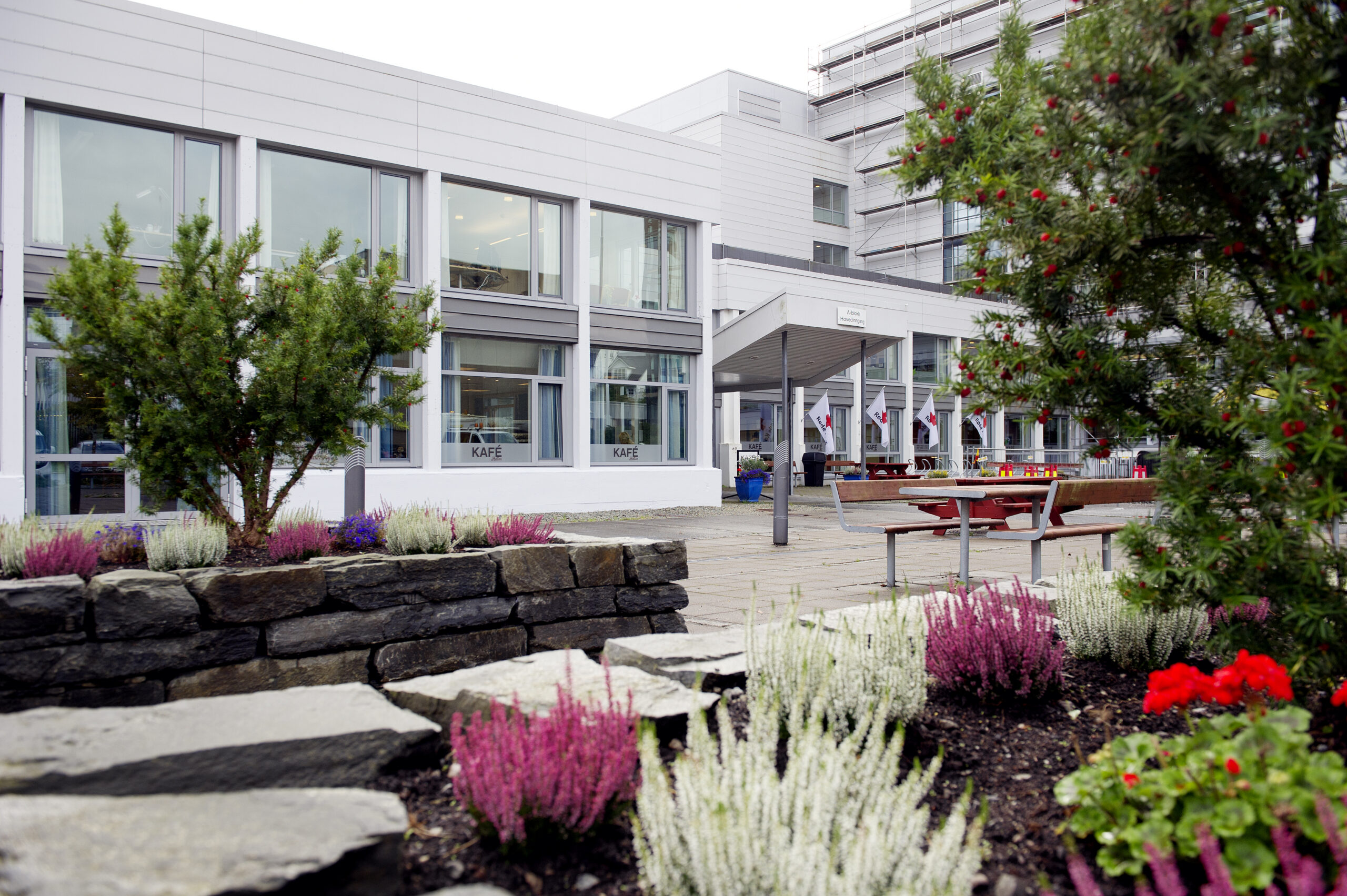 Bergen Røde Kors Sykehjem bygget med diverse planter og flag som viser Bergen Røde Kors Sykehjem sin logo.